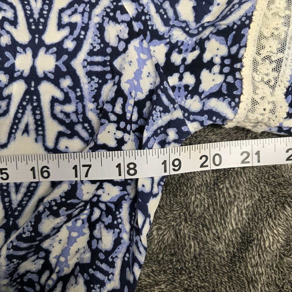 L Space Blue And White Patterned Faux Wrap Long Sleeve Lacey Romper Size Medium - Picture 6 of 6
